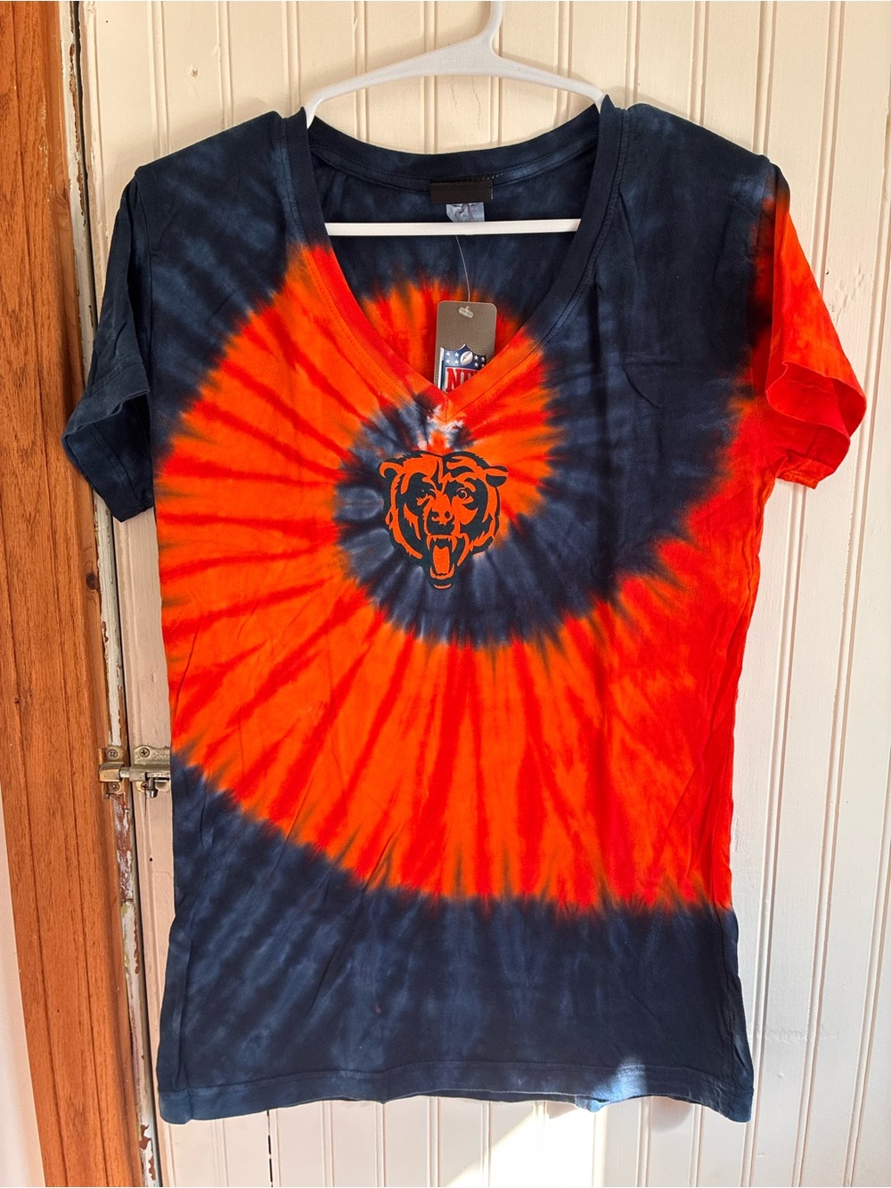 Women’s Tie-Dye V-Neck Shirt - Orange & Navy Spiral Chicago Bears